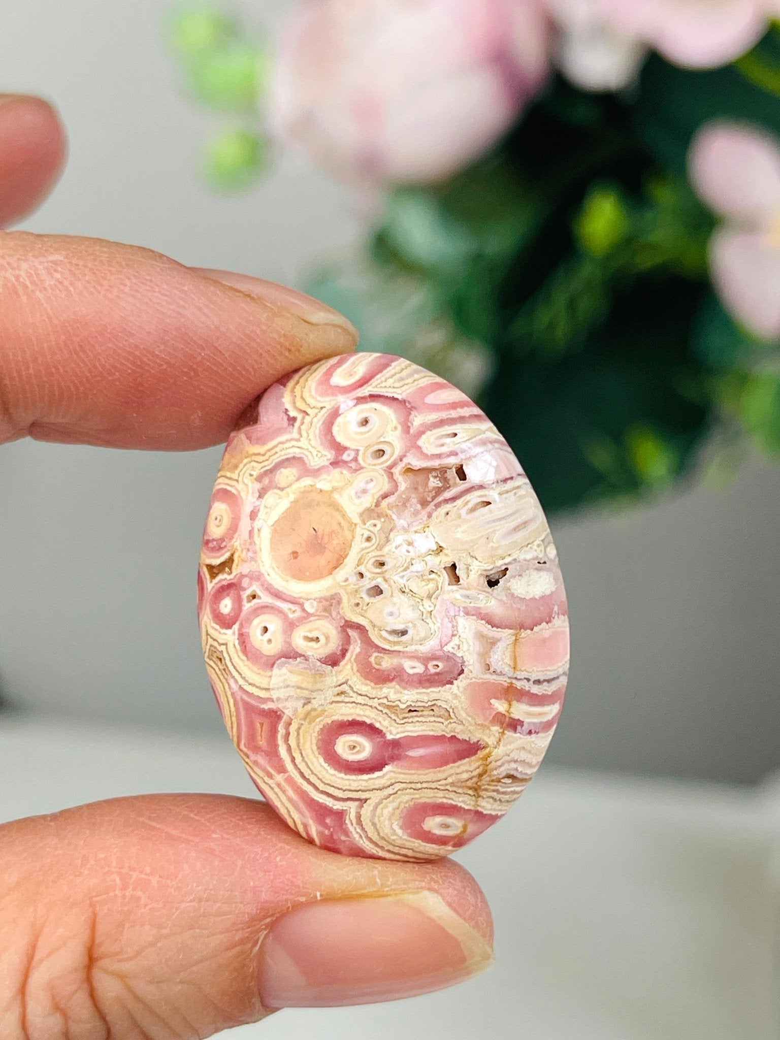 Rare Rhodochrosite Mini Palmstone (Oval) – Argentine Pink Banded Crystal Pocket Stone 8 - Million Years Crystal