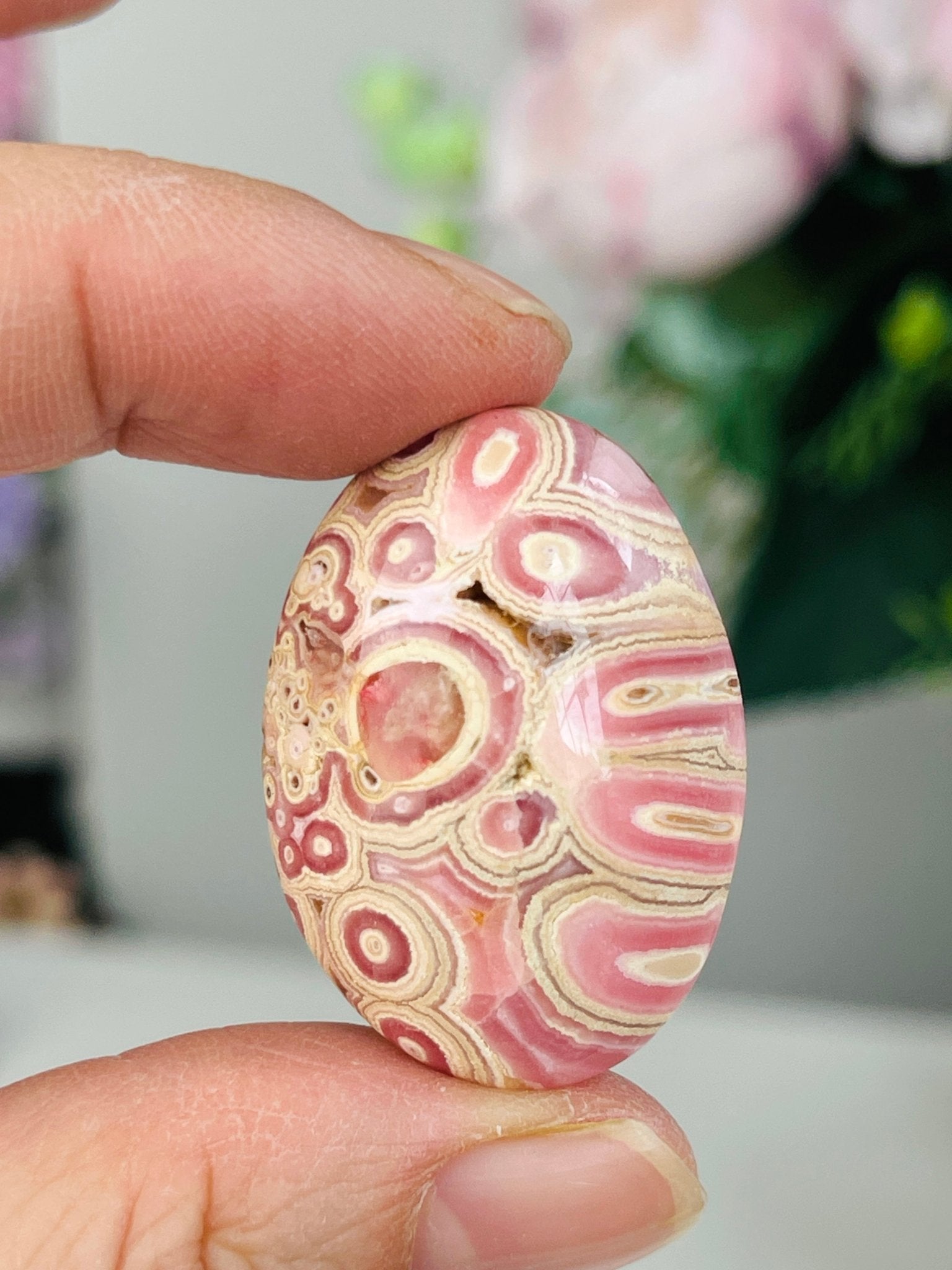 Rare Rhodochrosite Mini Palmstone (Oval) – Argentine Pink Banded Crystal Pocket Stone 8 - Million Years Crystal