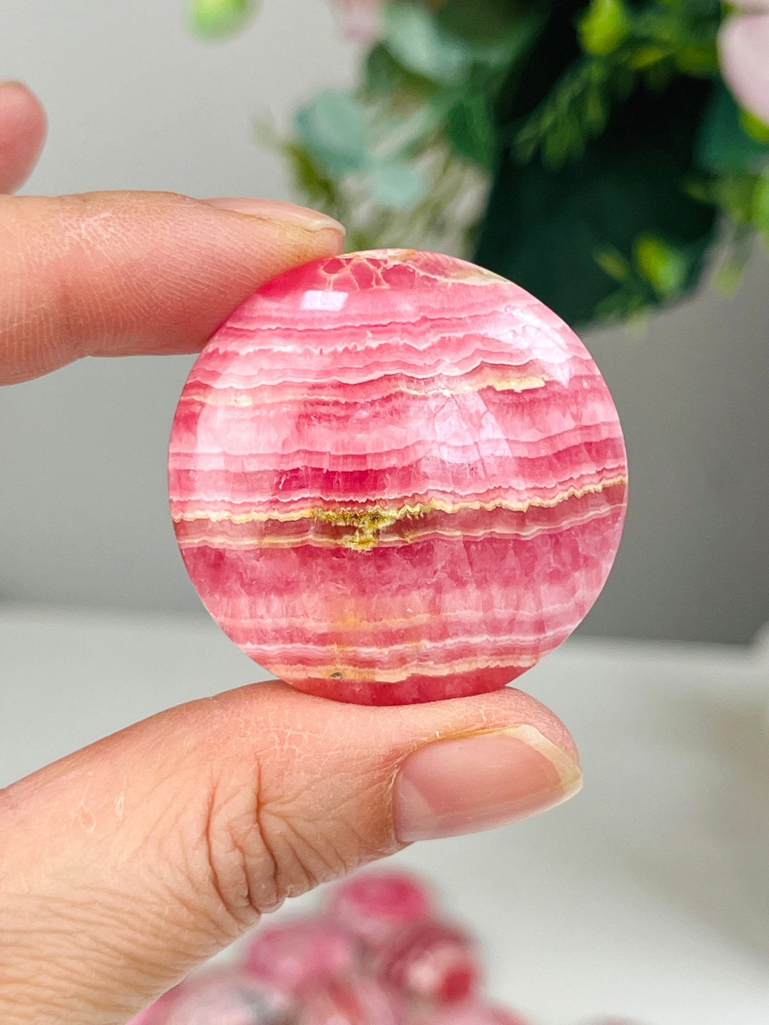 Rare Rhodochrosite Mini Palmstone (Round) – Argentine Pink Banded Crystal Pocket Stone 6 - Million Years Crystal
