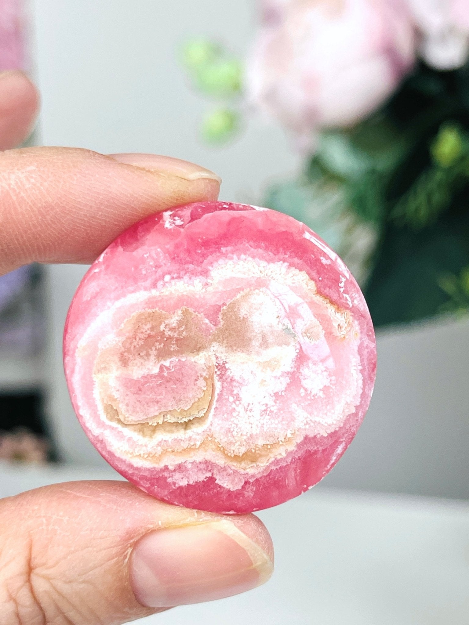 Rare Rhodochrosite Mini Palmstone (Round) – Argentine Pink Banded Crystal Pocket Stone 7 - Million Years Crystal