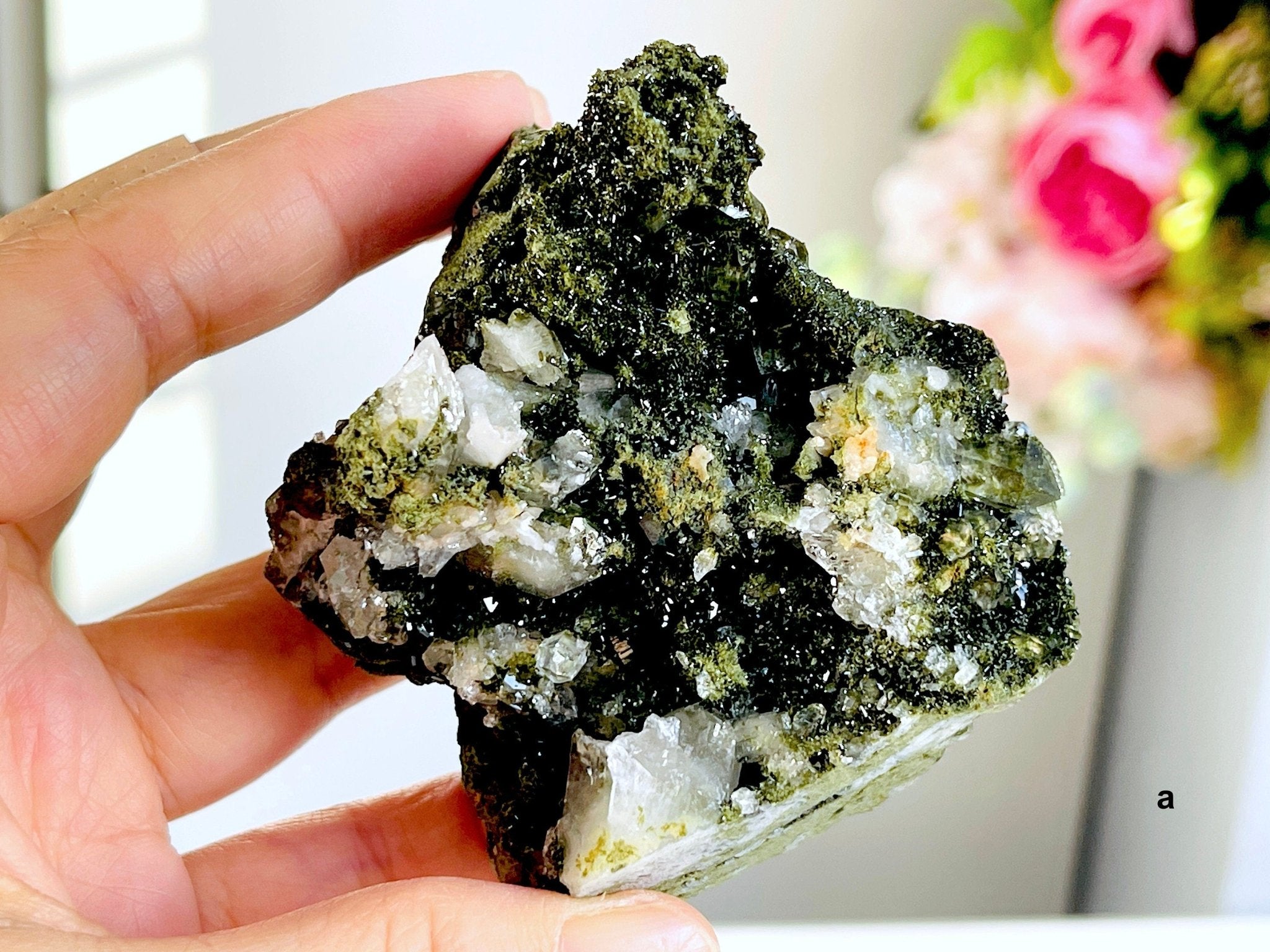 Super Sparkly Forest Epidote with Quartz Specimen, Epidote Specimen, Crystal Gift, Mineral Collection- 6 - Million Years Crystal