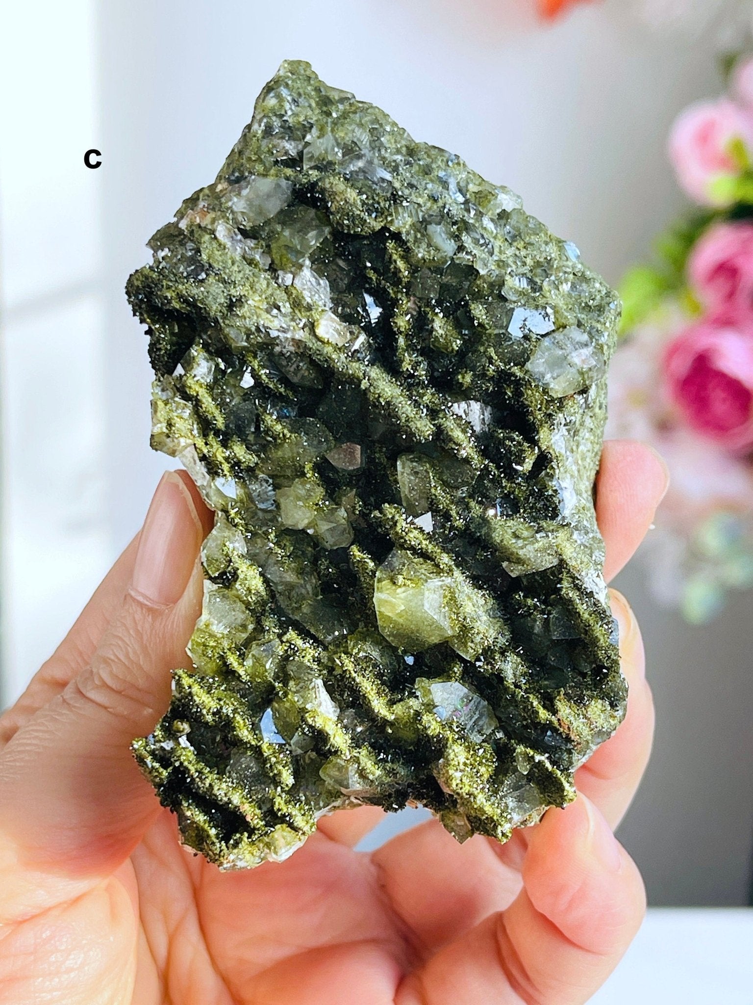 Super Sparkly Forest Epidote with Quartz Specimen, Epidote Specimen, Crystal Gift, Mineral Collection- 6 - Million Years Crystal