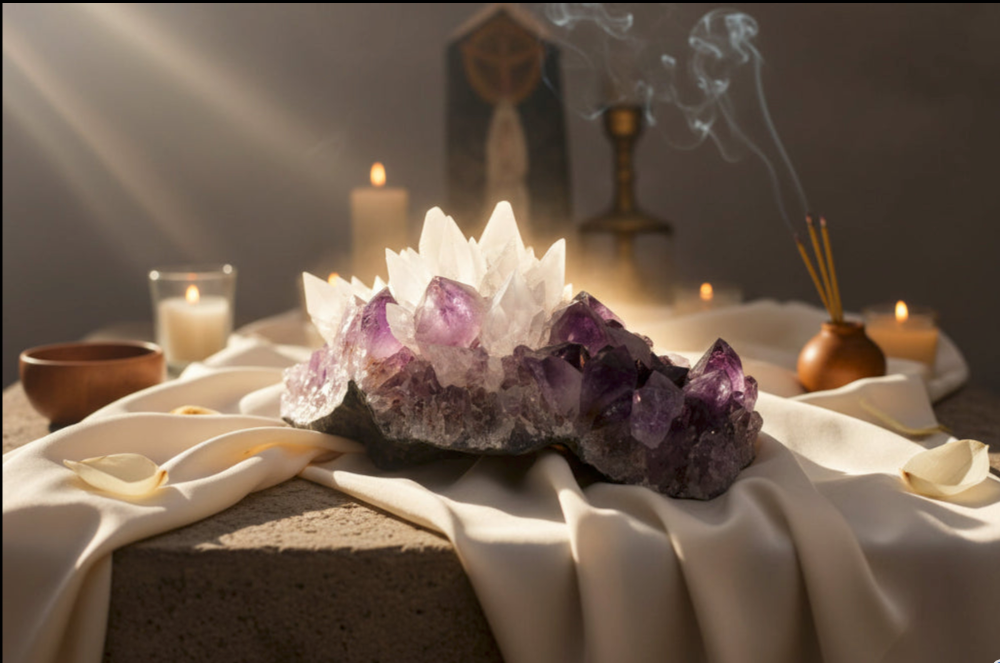 A raw amethyst crystal cluster with white quartz points sits on draped cream fabric, surrounded by candles, incense sticks, and soft light rays in a styled altar-like setting.